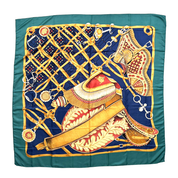 Silk Scarf Equestrian Blue Gold Hand-Sewn Edges 45x45" Square Large Unbranded - Picture 1 of 16